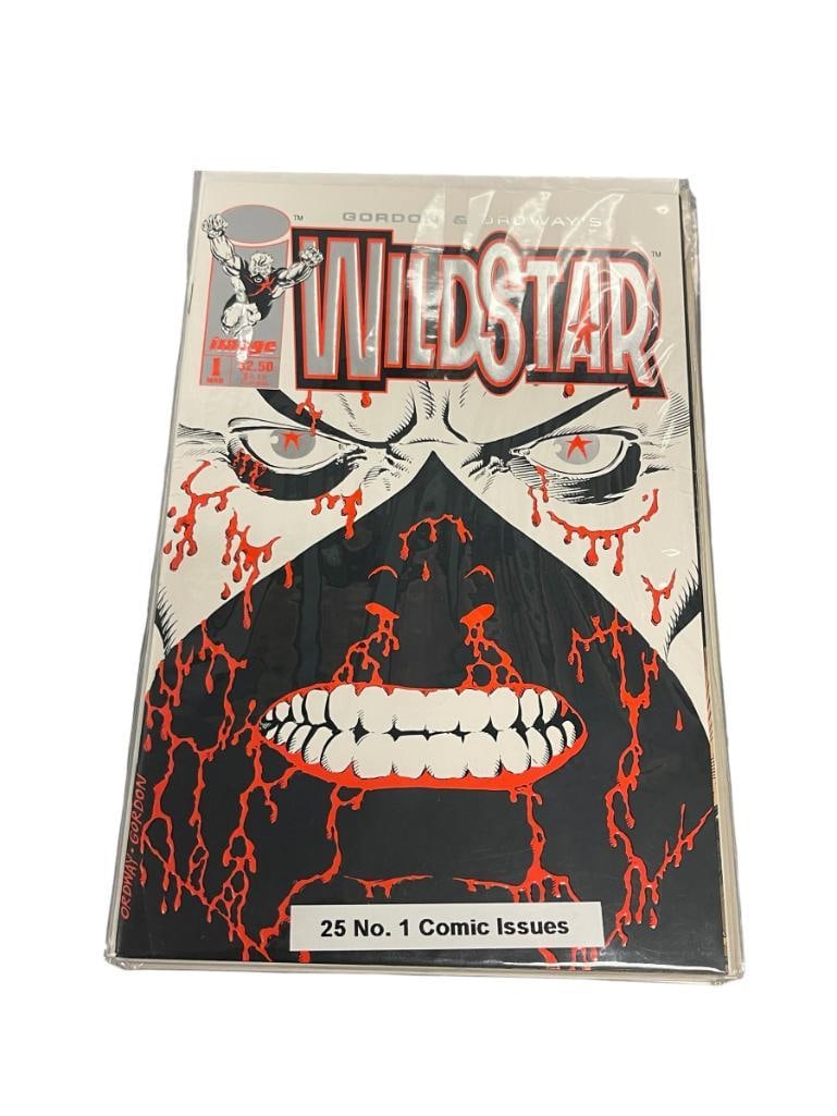 25 ASSORTED NO. 1 COMIC BOOKS NAILER, WILDSTAR, BAD COMPANY, THE FLY, SABLE, CRAZYMAN, ASH, STAR: AND MANY OTHER TITLES, ALL ARE IN PROTECTIVE SLEEVES 