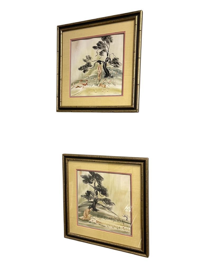 GENEVIEVE MATUCHA MID-CENTURY RENOWN FINGER PAINTING ARTIST ORIGINAL PAINTINGS: GENEVIEVE MATUCHA (1903-1989) RENOWN FINGER PAINT ARTIST IN HOLLYWOOD DURING THE 1940'S AND 1950'S, ART DEPICTS SCENES OF A WOMAN NEAR A TREE, SIGNED LOWER RIGHT, ONE PAINTING IS MISSING GLASS, ONE