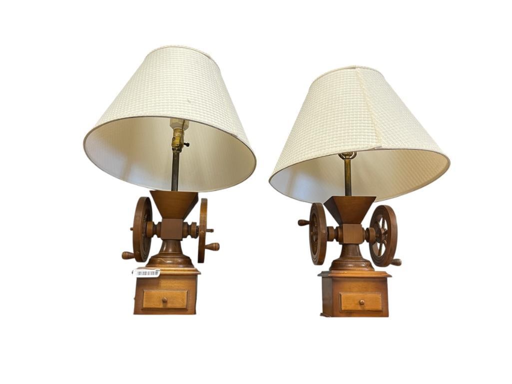 PAIR OF VINTAGE MAPLE COFFEE MILL STYLED DECORATIVE TABLE LAMPS CIRCA 1970S - 1980'S (1 of 7)