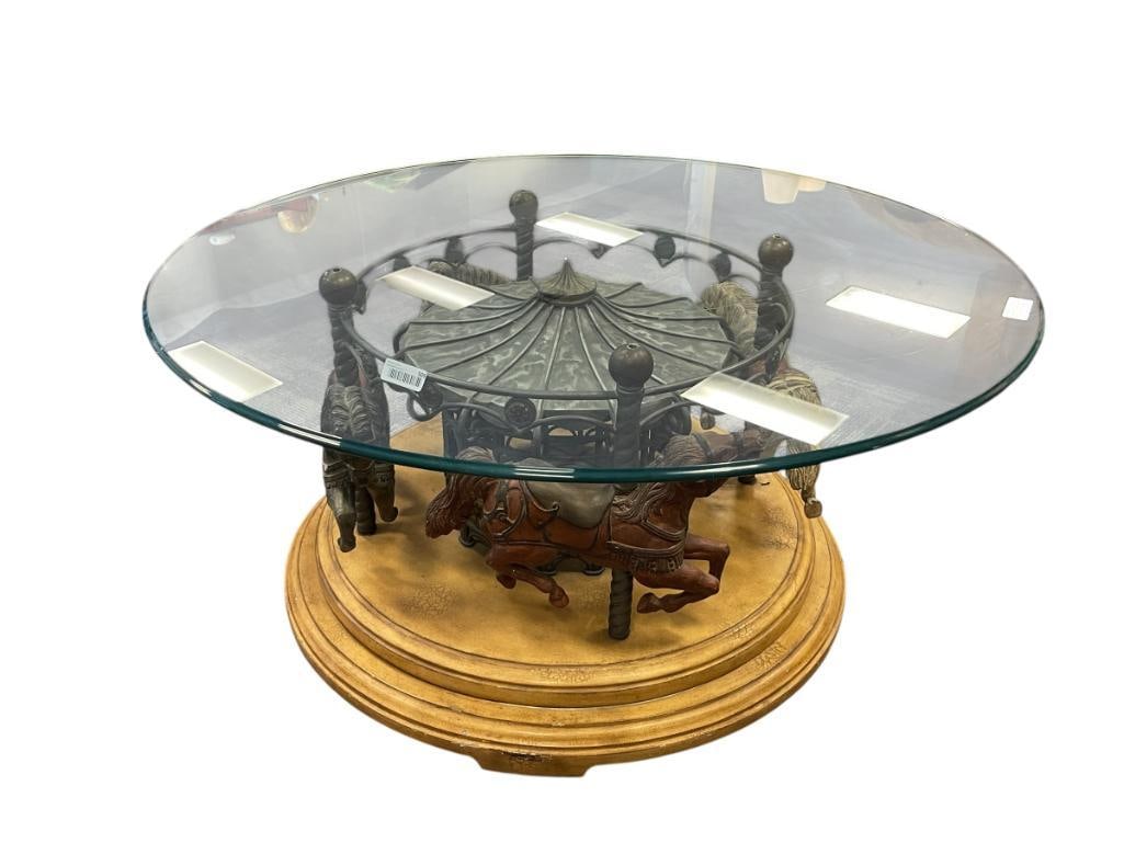 VINTAGE COMPOSITE AND METAL CAROUSEL ROTATING COFFEE / COCKTAIL TABLE WITH GLASS TOP (1 of 8)