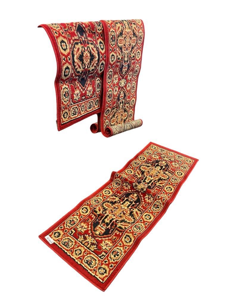 SURYA APEX COLLECTION EGYPT MADE OLEFIN RUNNERS THREE PIECE SET: RED, BEIGE, BLACK PATTERN, OVERALL IN GOOD CONDITION LIKE-NEW CONDITION 19" X 59" AND 19" X 30" 