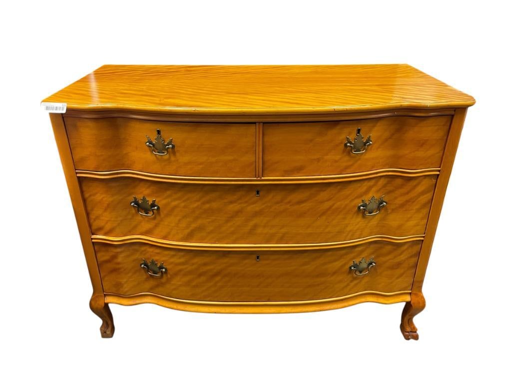 ANTIQUE GREGORIAN STYLE TIGER MAPLE SERPENTINE CHEST OF DRAWERS WITH PAW STYLE FEET (1 of 11)