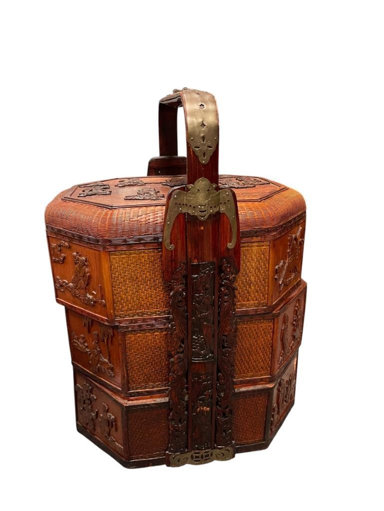 ANTIQUE CHINESE BETROTHAL OR WEDDING BASKET MADE FROM BAMBOO WITH CARVINGS AND BRASS HARDWARE (1 of 12)