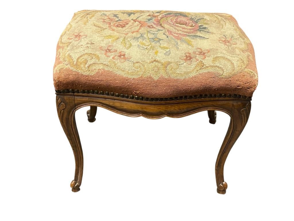 VICTORIAN ERA CARVED WOOD STOOL WITH NEEDLE POINT UPHOLSTERED SEAT (1 of 6)