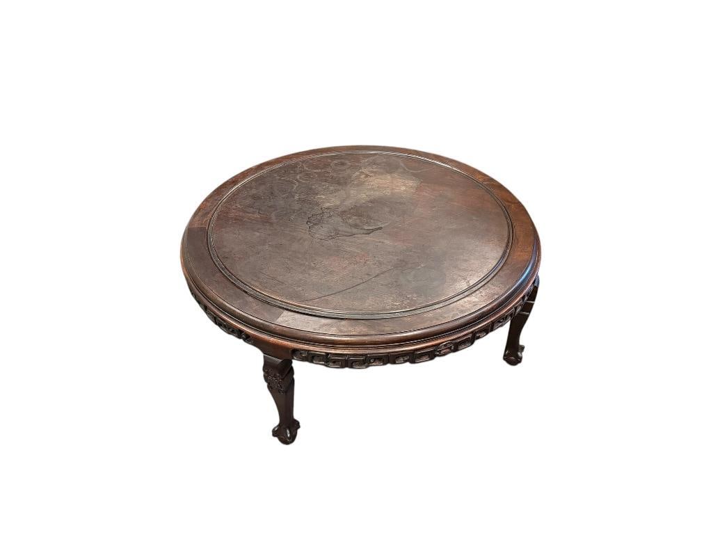 VINTAGE CARVED ROSEWOOD ROUND CHINESE COCKTAIL / TEA / COFFEE TABLE: DECORATIVE SKIRT, LIGHT STAINS ON TOP 40" ROUND, 18" H 