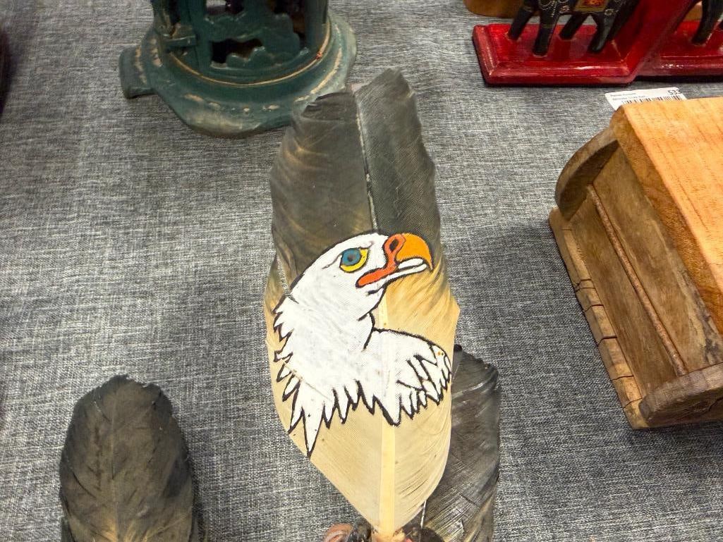 CUSTOM MADE NATIVE AMERICAN ART FEATURING HAND PAINTED FEATHERS AND BIRD FOOT WITH TALONS - 5