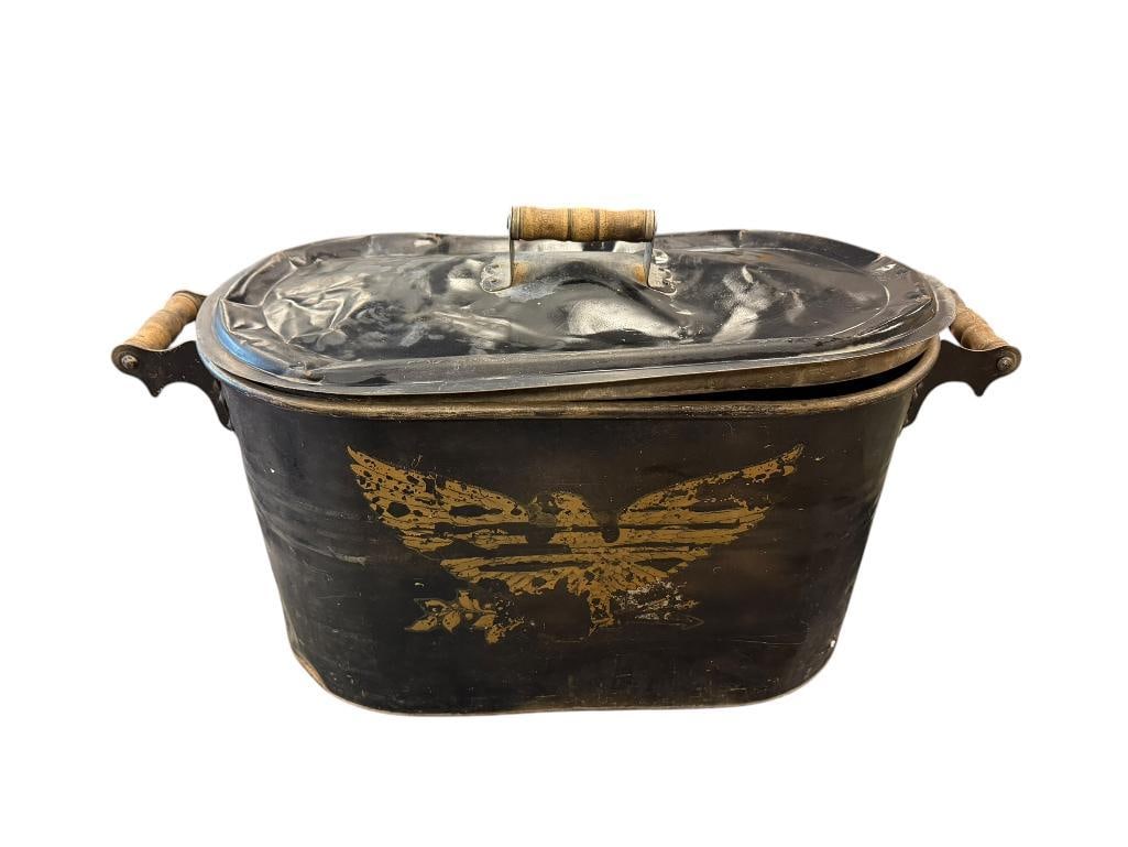 VINTAGE TOLEWARE GALVANIZED METAL DOUBLE BOILER KREAMER POT WITH WOOD HANDLES AND PAINTED GOLD EA... (1 of 8)