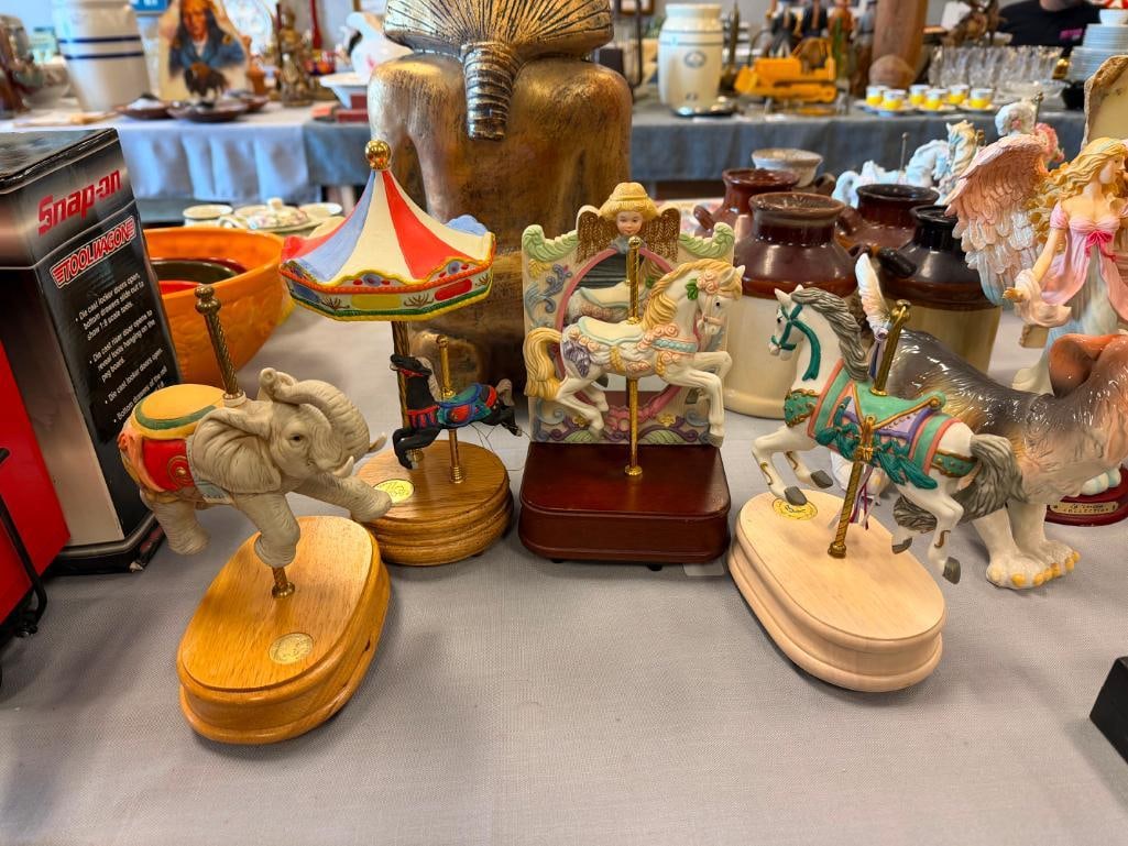 FOUR FIGURAL CAROUSEL ANIMALS INCLUDING HORSES AND ELEPHANT (1 of 12)