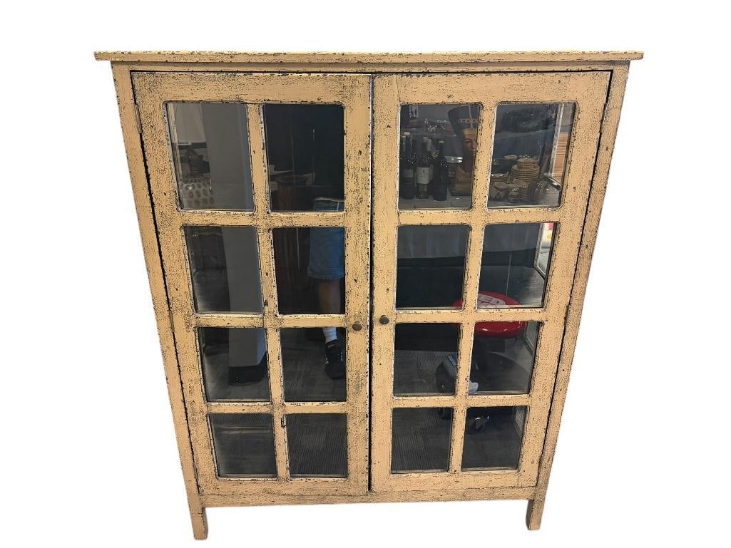 VINTAGE MID-CENTURY 16 GLASS PANE CUPBOARD WITH SOLID WOOD FRAME: FEATURES A RUSTIC DESIGN FOR APPEAL, FOUR SHELVES 46" X 15" X 59" 