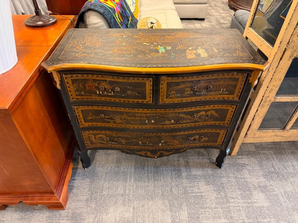 VINTAGE ASIAN LAQCUERED CHINOISERIE CHEST OF DRAWERS FEATURING HANDPAINTED DECORATIONS - 2