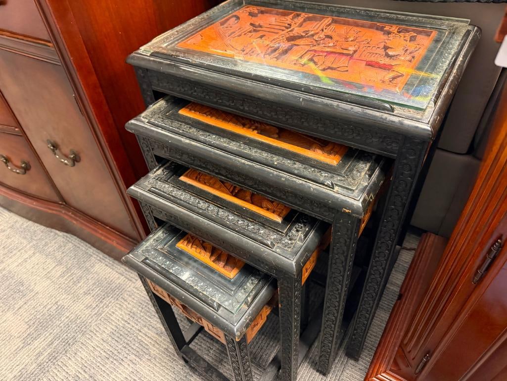 SET OF FOUR MID-CENTURY CHINESE LACQUERED AND CARVED CAMPHOR WOOD NESTING TABLES - 14