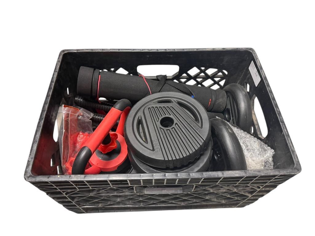CRATE OF WEIGHTS AND UNNMIIY WORKOUT / EXCERCISE ACCESSORIES (1 of 6)
