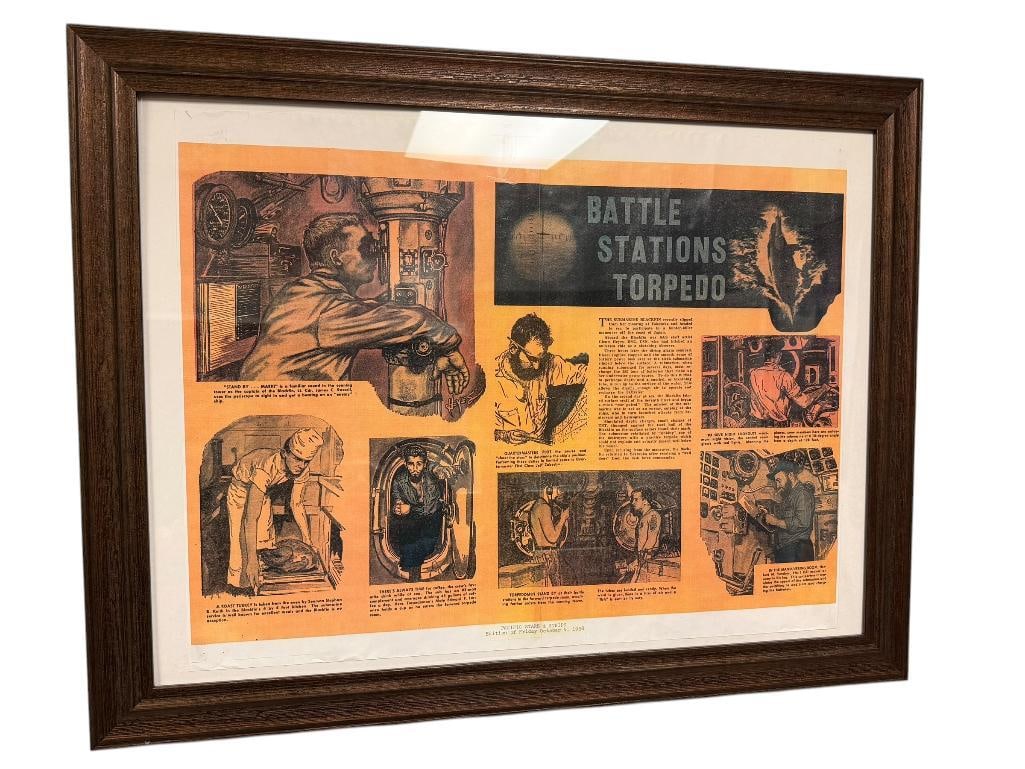 PACIFIC STARS & STRIPES OCTOBER 4TH, 1958 EDITION MAGAZINE " BATTLE STATIONS TORPEDO " PUBLICATION: FRAMED 27" X 21" FRAME 