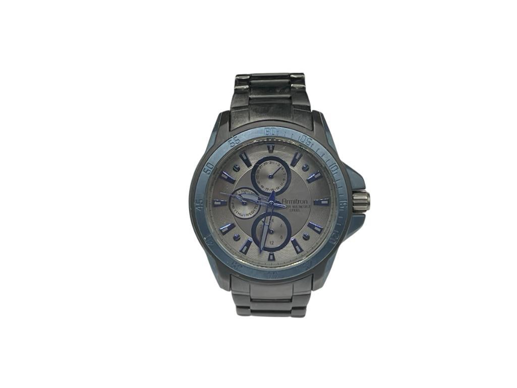 ARMITRON STAINLESS STEEL GUN METAL BLACK WRISTWATCH WITH NAVY BLUE DIAL AND HANDS: IN RUNNING CONDITION, 165FT WATER RESISTANT, JAPAN MOVEMENT, SERIAL # 20/4838SB, SHOWS SOME WEAR FROM USE 40MM CASE