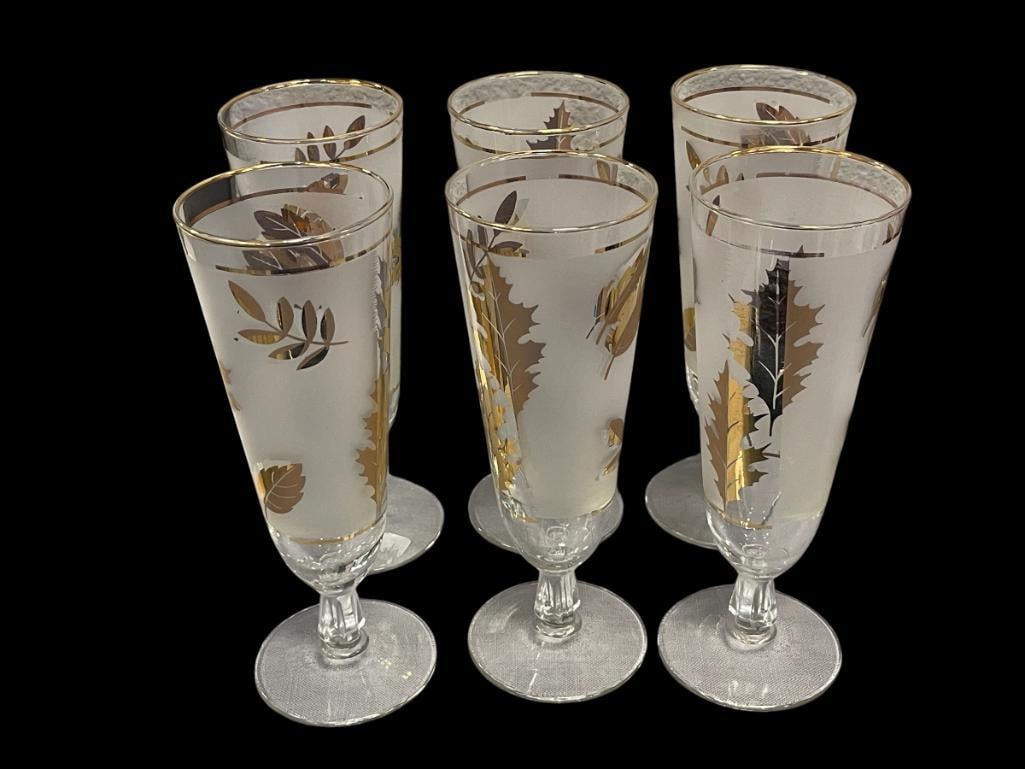 MID-CENTURY 1950'S LIBBEY GOLDEN FOLIAGE LEAF PATTERN PILSNER GLASSES SET OF SIX: NO CRACKS OR CHIPS 8 1/4" H