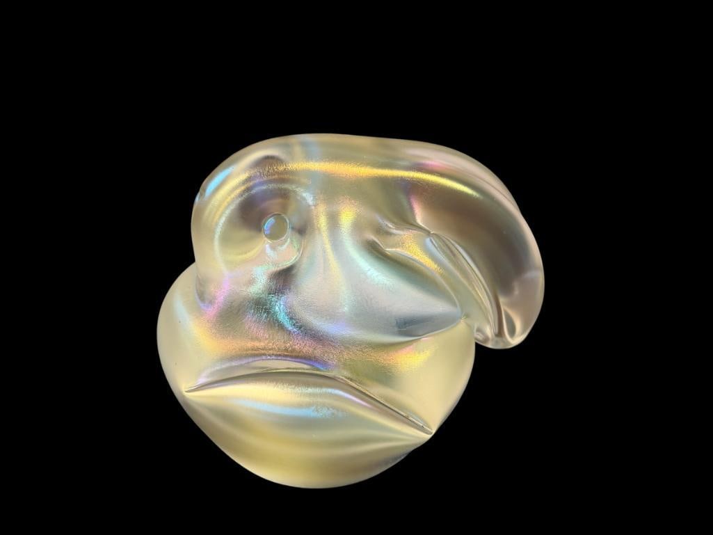 LATE 20TH CENTURY ORIENT AND FLUME IRIDESCENT ART GLASS STYLIZED RABBIT PAPERWEIGHT: PAPERWEIGHT IS SIGNED ON THE BOTTOM AND ALSO INITIALED, SATIN IRIDESCENT FINISH, "TINY" CHIP ON THE BOTTOM EDGE, NO OTHER CHIPS / DAMAGE 3" H, 3 1/2" L