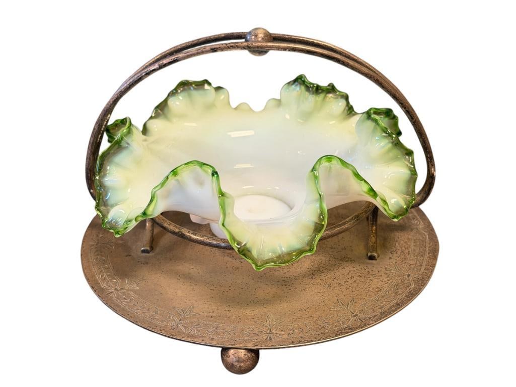 VICTORIAN PERIOD FENTON EMERALD CREST BON BON DISH / BASKET WITH BALL FOOTED SILVERPLATED HOLDER (1 of 7)