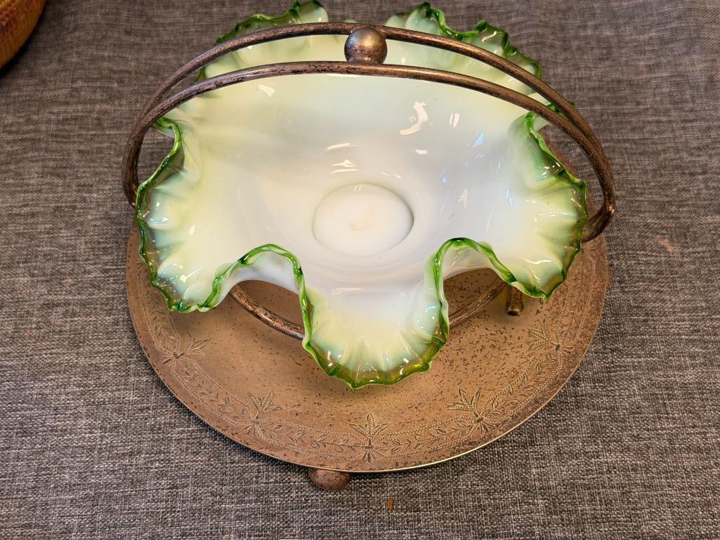 VICTORIAN PERIOD FENTON EMERALD CREST BON BON DISH / BASKET WITH BALL FOOTED SILVERPLATED HOLDER - 2