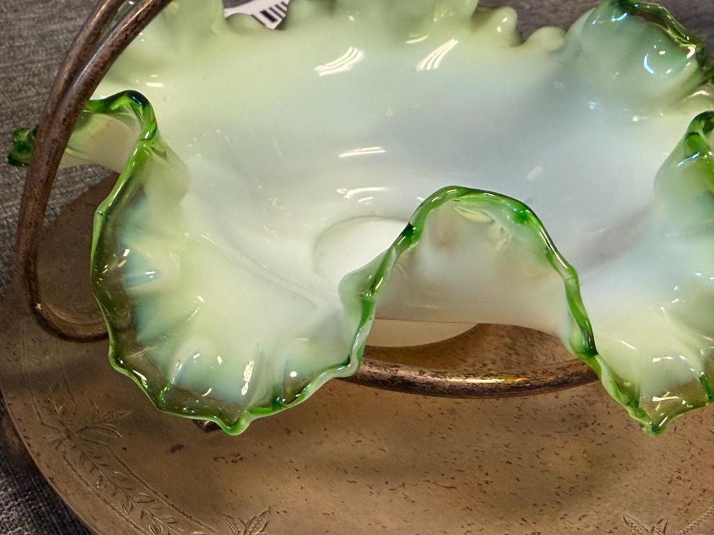 VICTORIAN PERIOD FENTON EMERALD CREST BON BON DISH / BASKET WITH BALL FOOTED SILVERPLATED HOLDER - 3