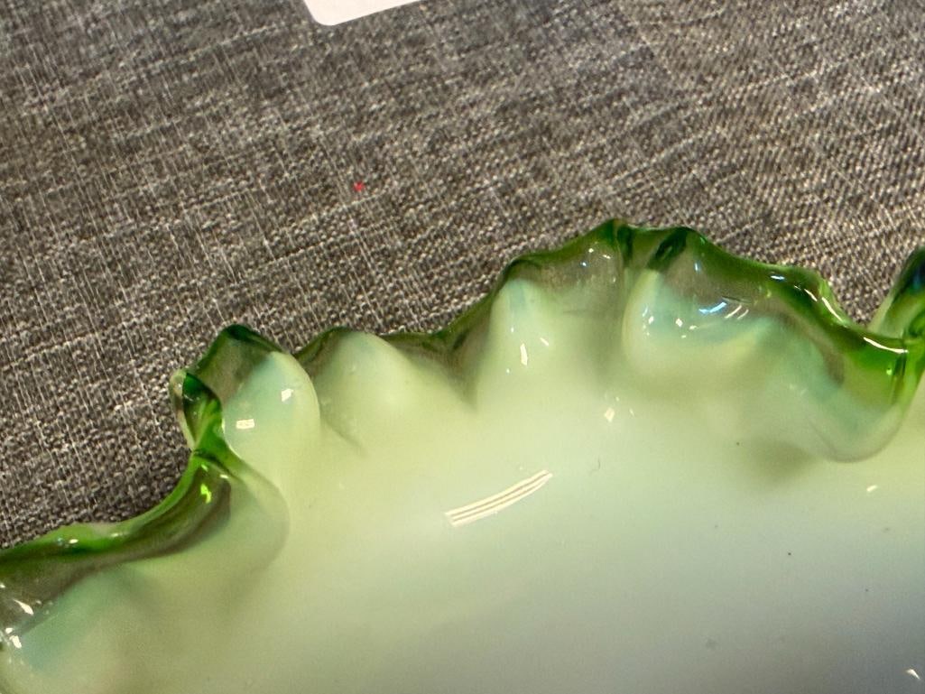VICTORIAN PERIOD FENTON EMERALD CREST BON BON DISH / BASKET WITH BALL FOOTED SILVERPLATED HOLDER - 4