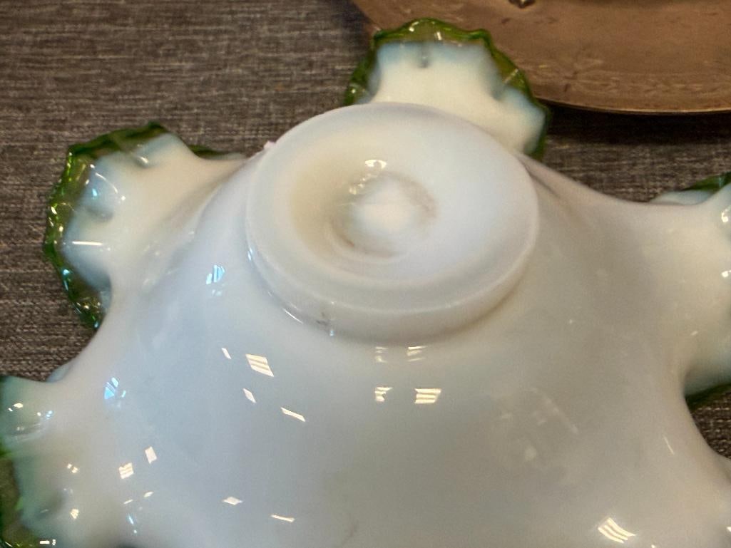 VICTORIAN PERIOD FENTON EMERALD CREST BON BON DISH / BASKET WITH BALL FOOTED SILVERPLATED HOLDER - 6