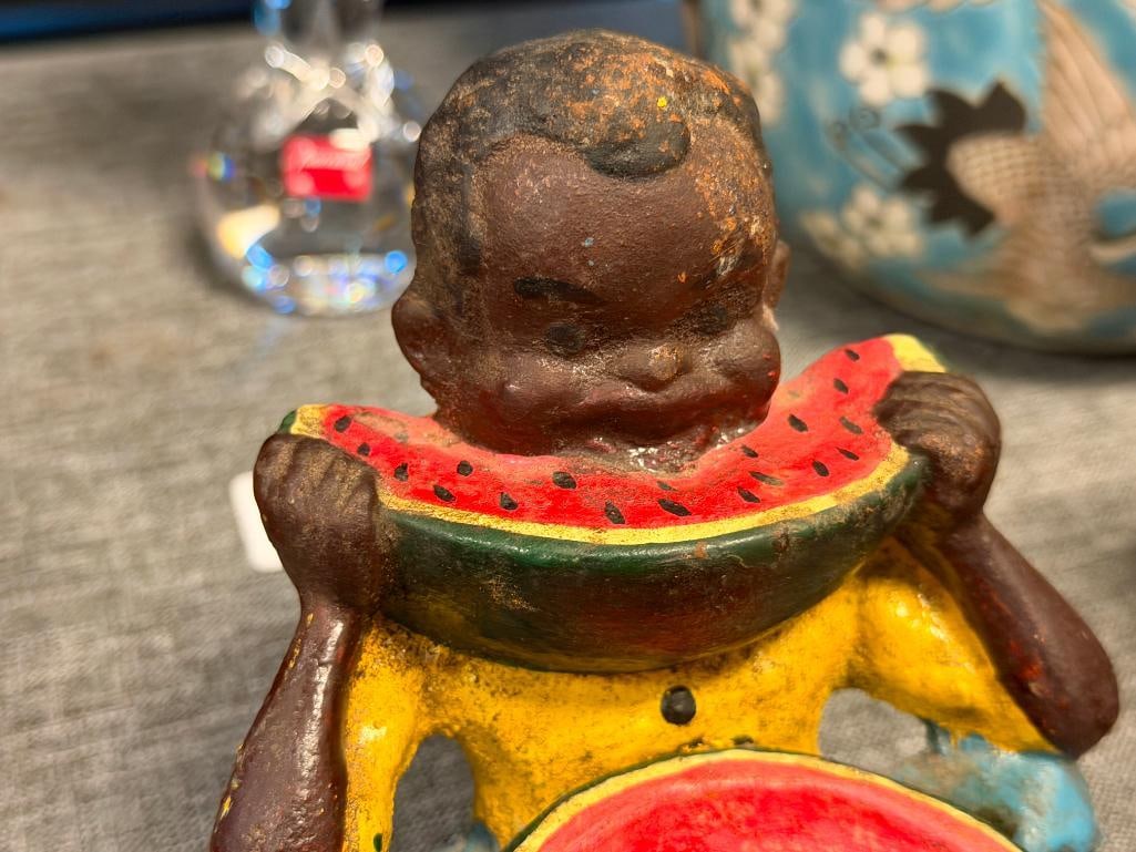 VINTAGE 1940'S BLACK AMERICANA BOY EATING WATERMELON DOOR STOP - 3