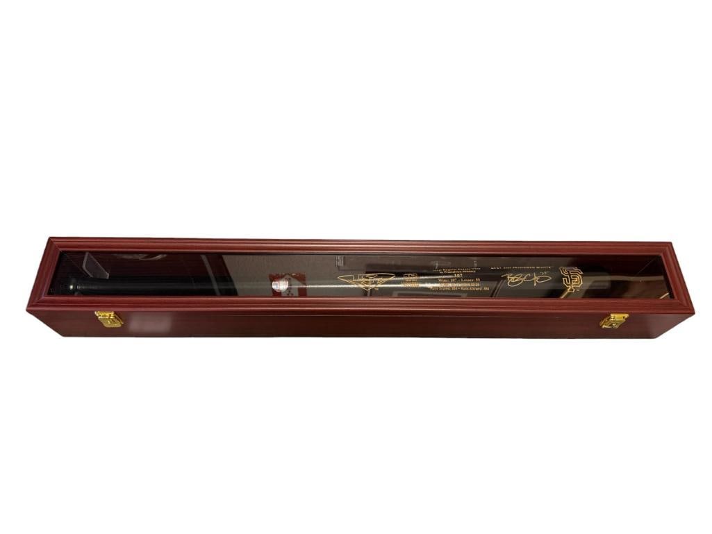 BRANDON CRAWFORD SF GIANTS LIMITED EDITION AUTOGRAPHED BASEBALL BAT AUTHENTICATED BY BIG TIME BATS: WOODEN BASEBALL BAT IN BLACK ENGRAVED WITH STATS IN GOLD ALONG WITH GIANTS LOGO, NO. 112/500, INCLUDES CERTIFICATE AND PHOTOGRAPH OF BRANDON CRAWFORD HOLDING UP THE BAT, BASEBALL BAT CASE INCLUDED,