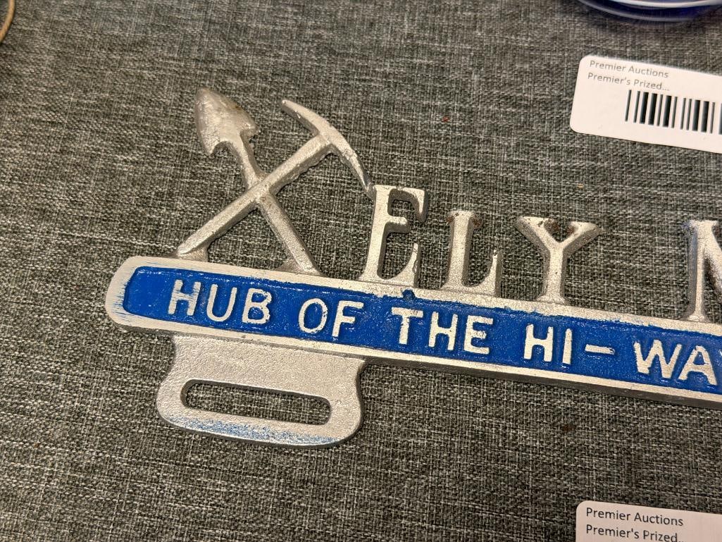 VINTAGE ELY NEVADA HUB OF THE HI-WAYS ALUMINUM AUTOMOBILE LICENSE PLATE TOPPER - 2