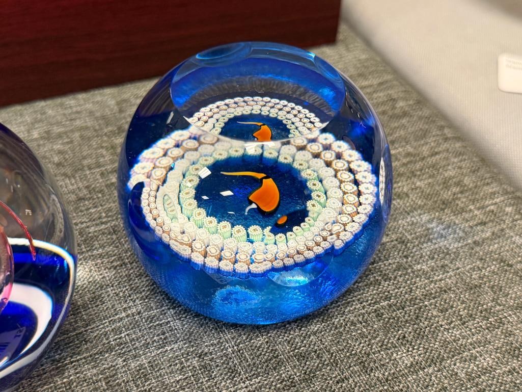 CAITHNESS HAND BLOWN ART GLASS SERPENTINE PAPERWEIGHT AND CAITHNESS MILLEFIORI CHILI PAPERWEIGHT - 2