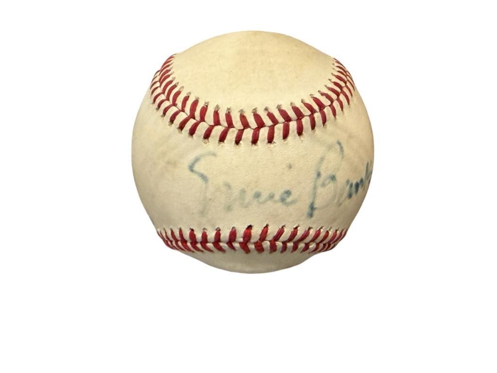 ERNIE BANKS HALL OF FAME AUTOGRAPHED BASEBALL AUTHENTICATED BY JSA NO. CI80744: ERNIE BNKS (1931-2015) PLAYED FOR THE CUBS FROM 1953-1971, 14X ALL-STAR, 1960 GOLDEN GLOVE, AUTOGRAPHED BALL IN BLUE MARKER, AUTOGRAPH IS FADED BUT STILL LEGIBLE, INCLUDES CERTIFICATE OF AUTHENTICITY