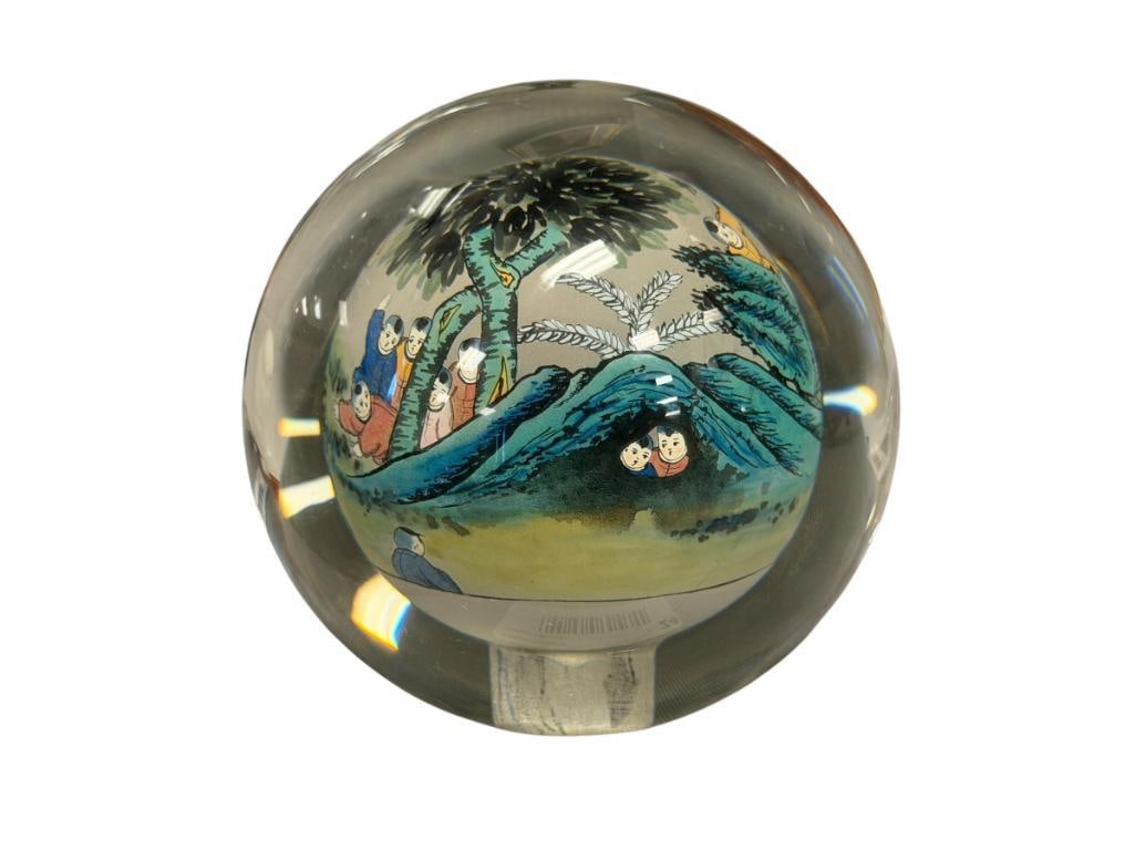 VINTAGE CHINESE REVERSE HAND PAINTED GLASS SPHERE WITH SCENE OF PLAYFUL CHILDREN: NO SIGNATURE OR MARKINGS, IN GOOD CONDITION WITH NO CHIPS 4 1/2" H