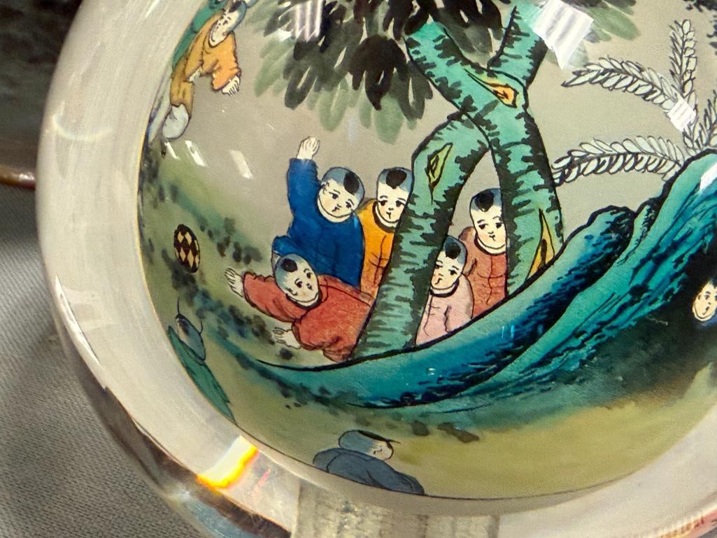 VINTAGE CHINESE REVERSE HAND PAINTED GLASS SPHERE WITH SCENE OF PLAYFUL CHILDREN - 3