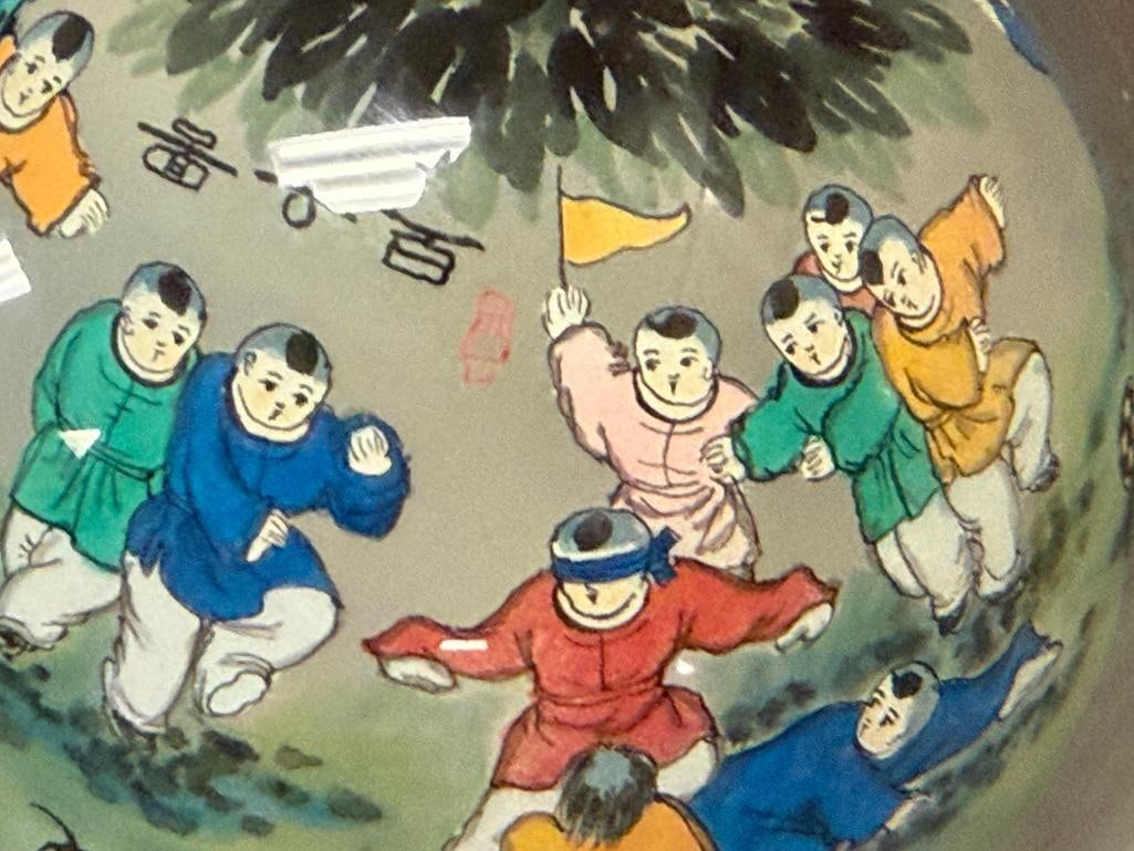 VINTAGE CHINESE REVERSE HAND PAINTED GLASS SPHERE WITH SCENE OF PLAYFUL CHILDREN - 5