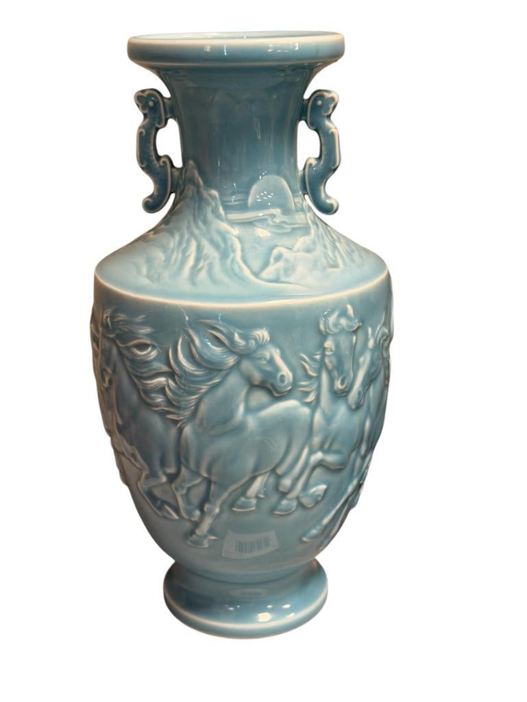 VINTAGE CHINESE PORCELAIN GLAZED VASE WITH QIANLONG SEAL MARK GALLOPING HORSES IN RELIEF MOTIF: BLUE GLAZE VASE WITH GALLOPING HORSES IN RELIEF, FEATURES FLUTED RIM WITH FIGURAL HANDLES, MARKED ON THE BOTTOM, NO CHIPS OR CRACKS 11 1/2" H
