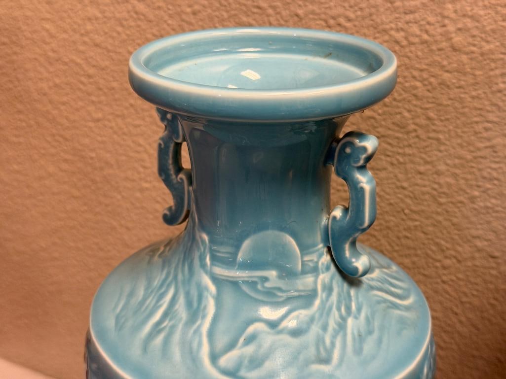 VINTAGE CHINESE PORCELAIN GLAZED VASE WITH QIANLONG SEAL MARK GALLOPING HORSES IN RELIEF MOTIF - 4