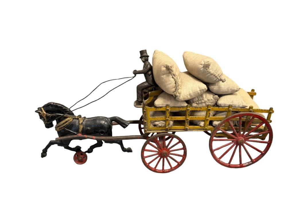VINTAGE CAST IRON TOY HORSE DRAWN STAKE WAGON POSSIBLY KENTON / HUBLEY / WILKINS (1 of 11)