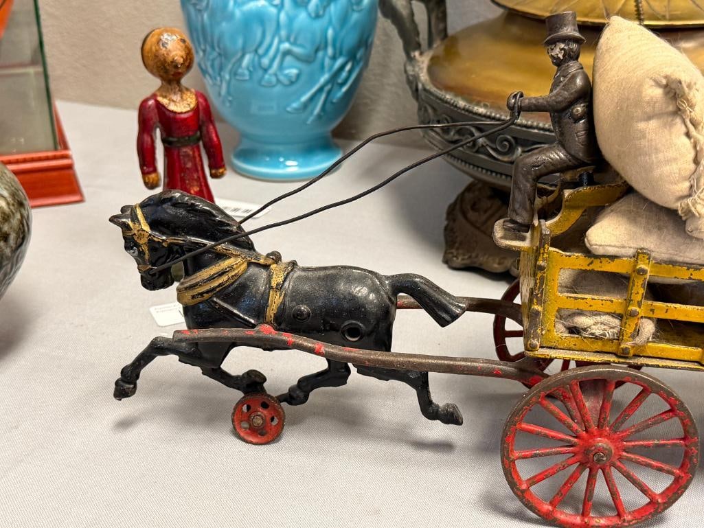 VINTAGE CAST IRON TOY HORSE DRAWN STAKE WAGON POSSIBLY KENTON / HUBLEY / WILKINS - 2