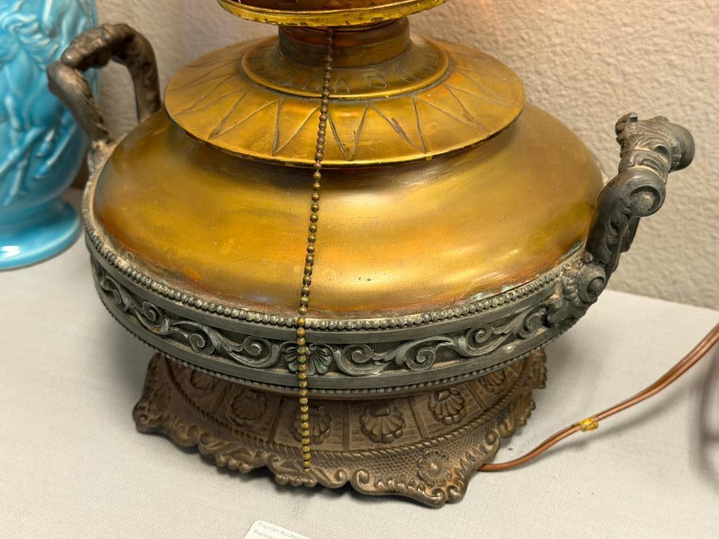 ANTIQUE BRADLEY & HUBBARD ART NOUVEAU STYLE ORNATE PARLOR LAMP WITH ENCASED GLASS SHADE - 7