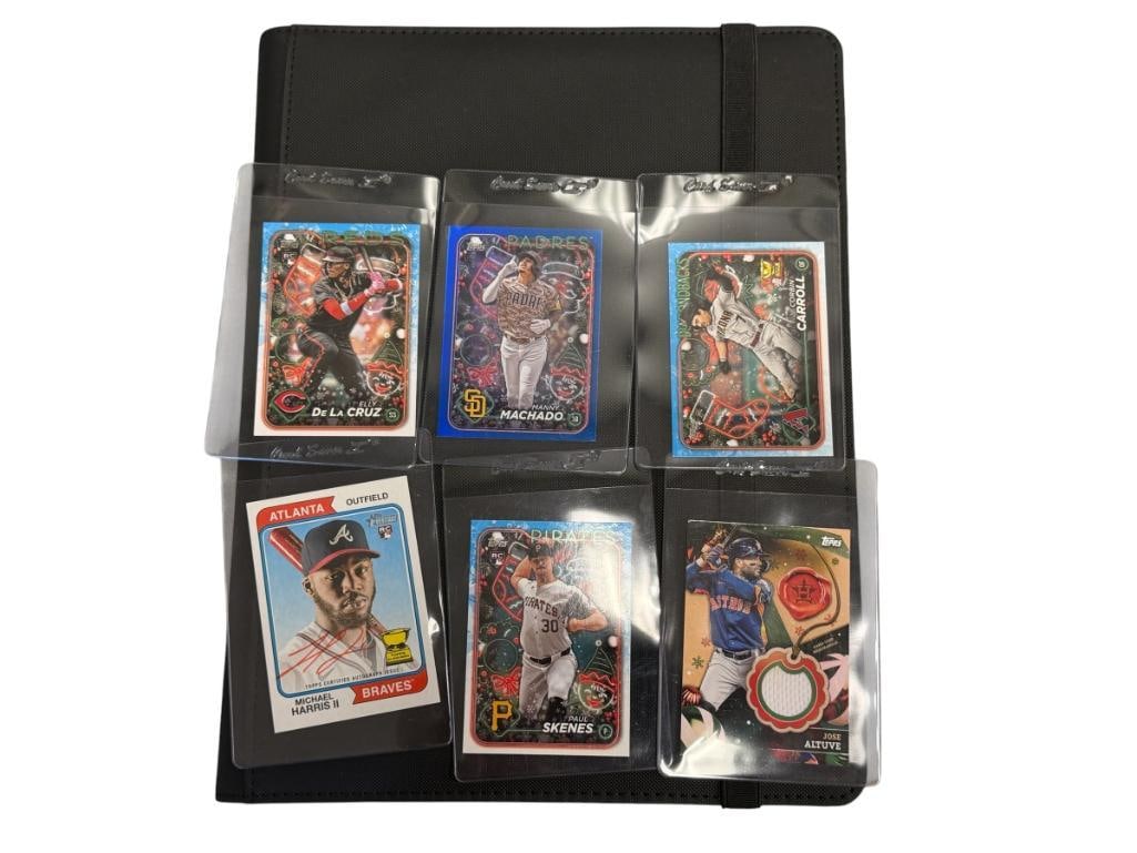 2023 / 2024 TOPPS BASEBALL CARDS PAUL SKENES ROOKIE CARD, MICHAEL HARRIS II AUTOGRAPHED CARD: JOSE ALTUVE RELIC CARD, CORBIN CARROLL ALL STAR ROOKIE CARD, 26 CARDS TOTAL AND HOLOGRAM STICKER, CARD ALBUM INCLUDED