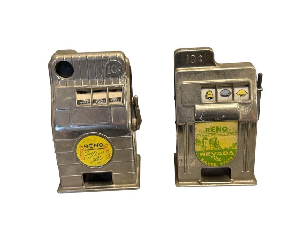 VINTAGE RENO, NV NOVELTY SLOT MACHINE MECHANICAL COIN BANKS MFD. BY REXCO AND RENO PLASTICS (1 of 10)
