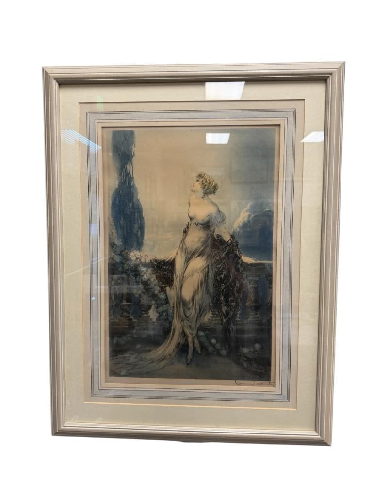 LOUIS ICART FRENCH RTIST AQUATINE ETHING IN COLOR TITLED WERTHER: LOUIS ICART (1888-1950) WAS A PROMINENT FRENCH ARTIST AND ILLUSTRATOR KNOWN FOR HIS GLAMOROUS ART-DECO ERA ART, ART DEPICTS WOMAN IN EVENING GOWN LEANING ON DECORATIVE RAILING WITH CLOUDS IN THE