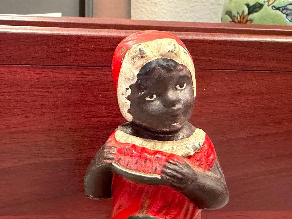 VINTAGE BLACK AMERICANA CAST IRON STILL COIN BANK OF YOUNG GIRL EATING WATERMELON - 2