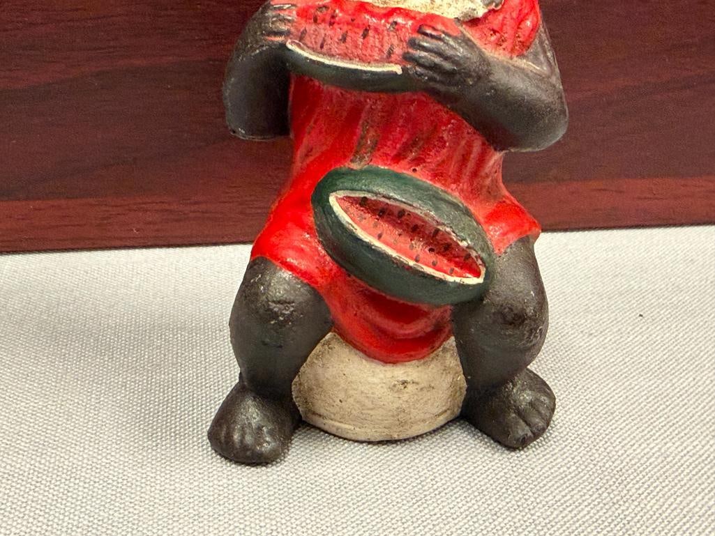 VINTAGE BLACK AMERICANA CAST IRON STILL COIN BANK OF YOUNG GIRL EATING WATERMELON - 3