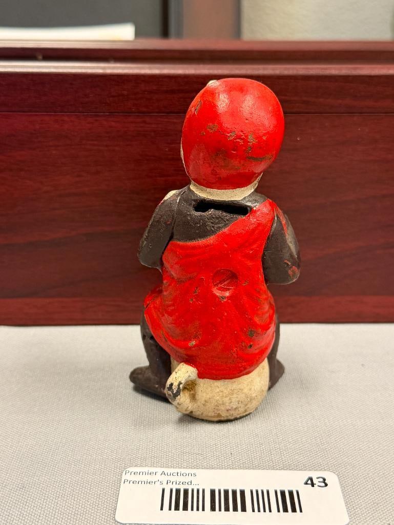 VINTAGE BLACK AMERICANA CAST IRON STILL COIN BANK OF YOUNG GIRL EATING WATERMELON - 4