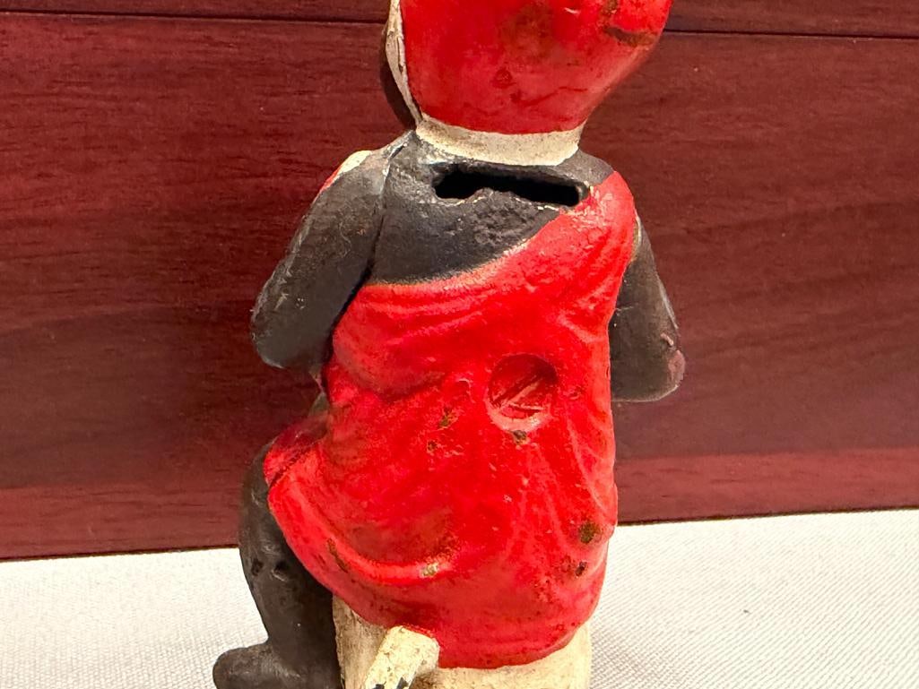 VINTAGE BLACK AMERICANA CAST IRON STILL COIN BANK OF YOUNG GIRL EATING WATERMELON - 5