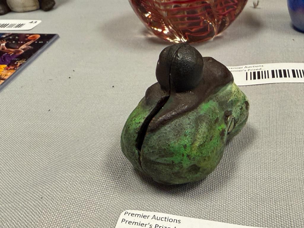 VINTAGE BLACK AMERICAN CAST IRON STILL COIN BANK BABY LAYING ON WATERMELON - 3