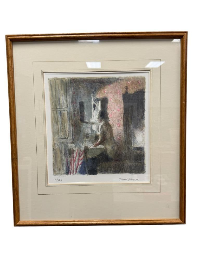 BERNARD DUNSTAN BRITISH ARTIST AND EDUCATOR LIMITED EDITION COLOR LITHOGRAPH TITLED ALBERGO STELLA: BERNARD DUNSTANN (1920-2017) WAS A BRITISH ARTIST AND EDUCATOR KNOWN FOR HIS STUDIES OF FIGURES AND INTERIORS, SIGNED LOWER RIGHT, NO. 54/240, STREMMEL GALLERY LABEL ON THE BACK, FRAMED 22 1/2" X 24