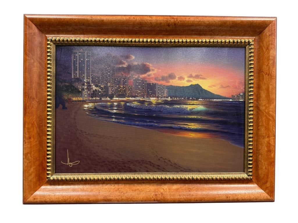 AL HOGUE HAND EMBELLISHED GICLEE ON CANVAS TITLED WAIKIKI SUNRISE: ART DEPICTS SUNRISE OVER WAIKIKI WITH CITY LINE WITH TALL BUILDINGS AND MOUNTAIN IN HE BACKGROUND, SIGNED LOWER LEFT, MINOR INDENT UPPER CENTER, FRAMED 31 1/4" X 23 1/2" FRAME