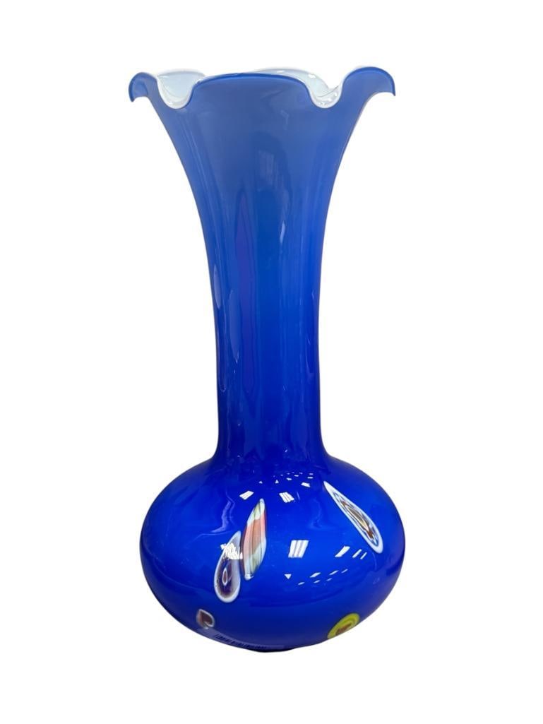 HAND BLOWN MILLEFIORI ART GLASS TALL FLUTED VASE: COBALT GLASS VASE WITH WHITE INTERIOR, NO MARKINGS OR SIGNATURE NO CHIPS 14 1/4" H