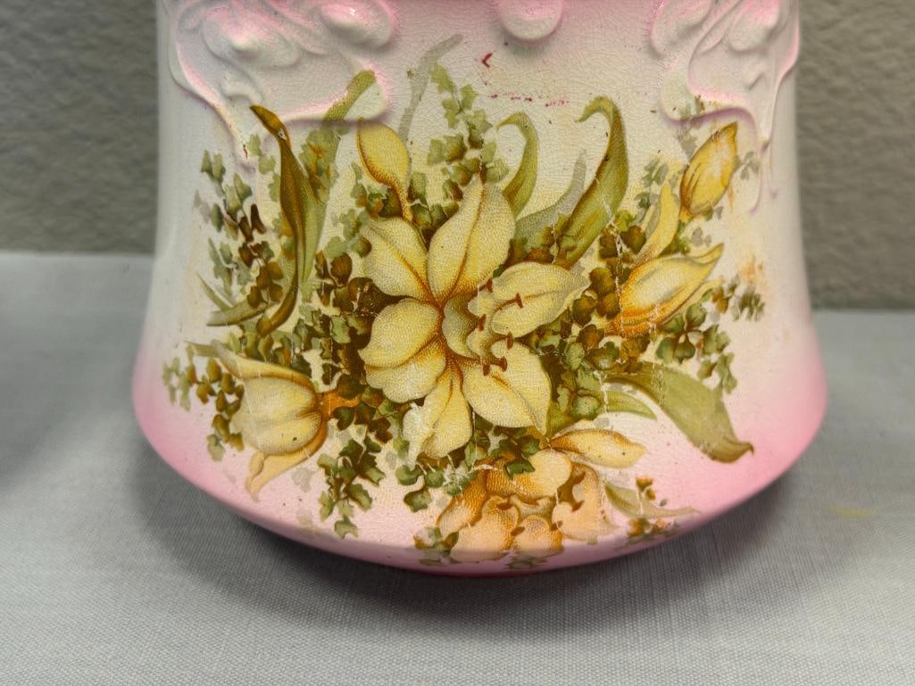 ANTIQUE BRIDGWOOD ENGLISH CHINA EMBOSSED BISCUIT BARREL / JAR WITH FLORAL DESIGN - 2